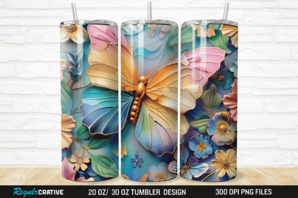 3D Colorful Butterfly Flowers Tumbler Design