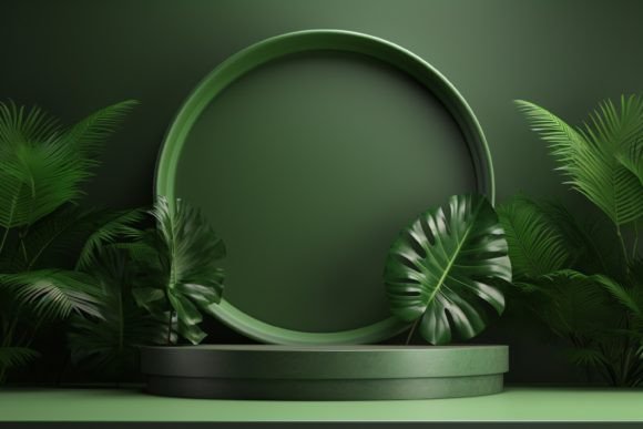 Green 3D Podium with Plants Background